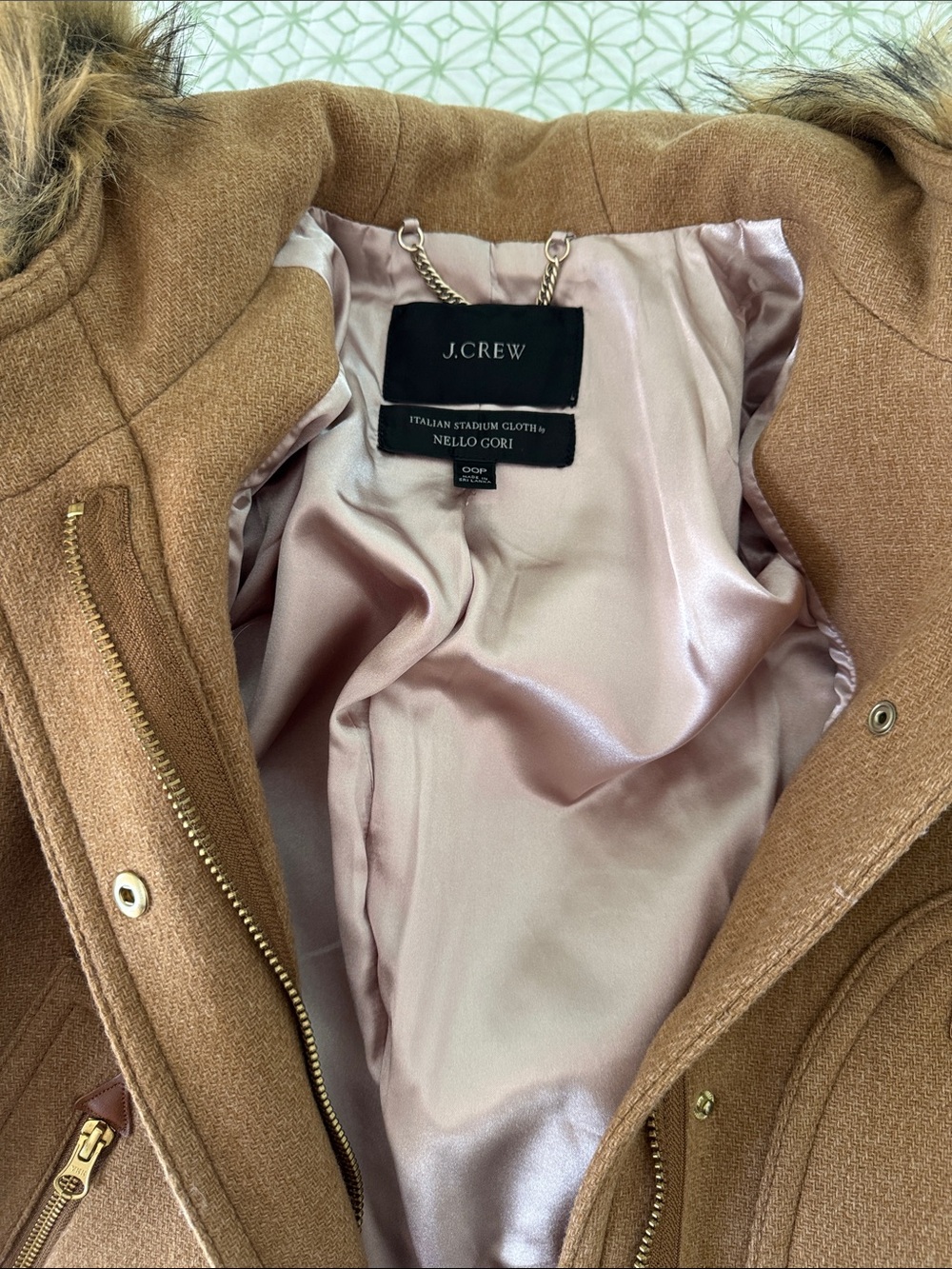 J. Crew Camel Wool Pea Coat with Faux Fur Trim
